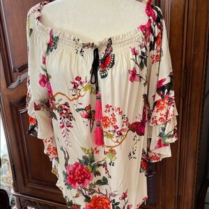 Hale Bob Floral Butterfly Off Shoulder Blouse in Pink and Red